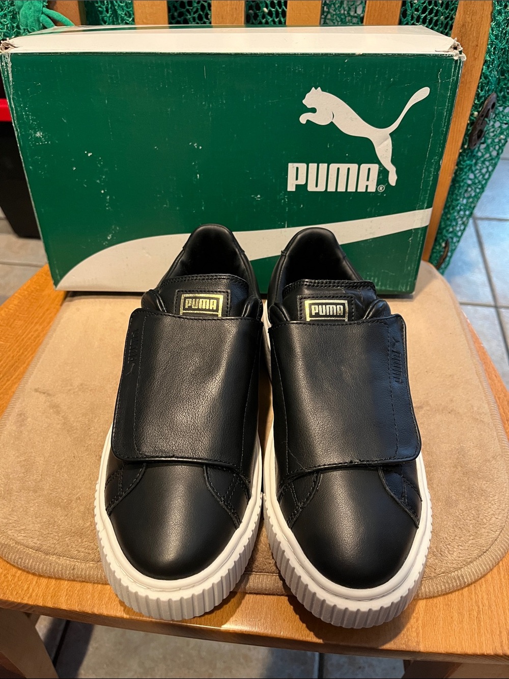 Basket Platform Black Leather Velcro Strap Sneakers with White Sole